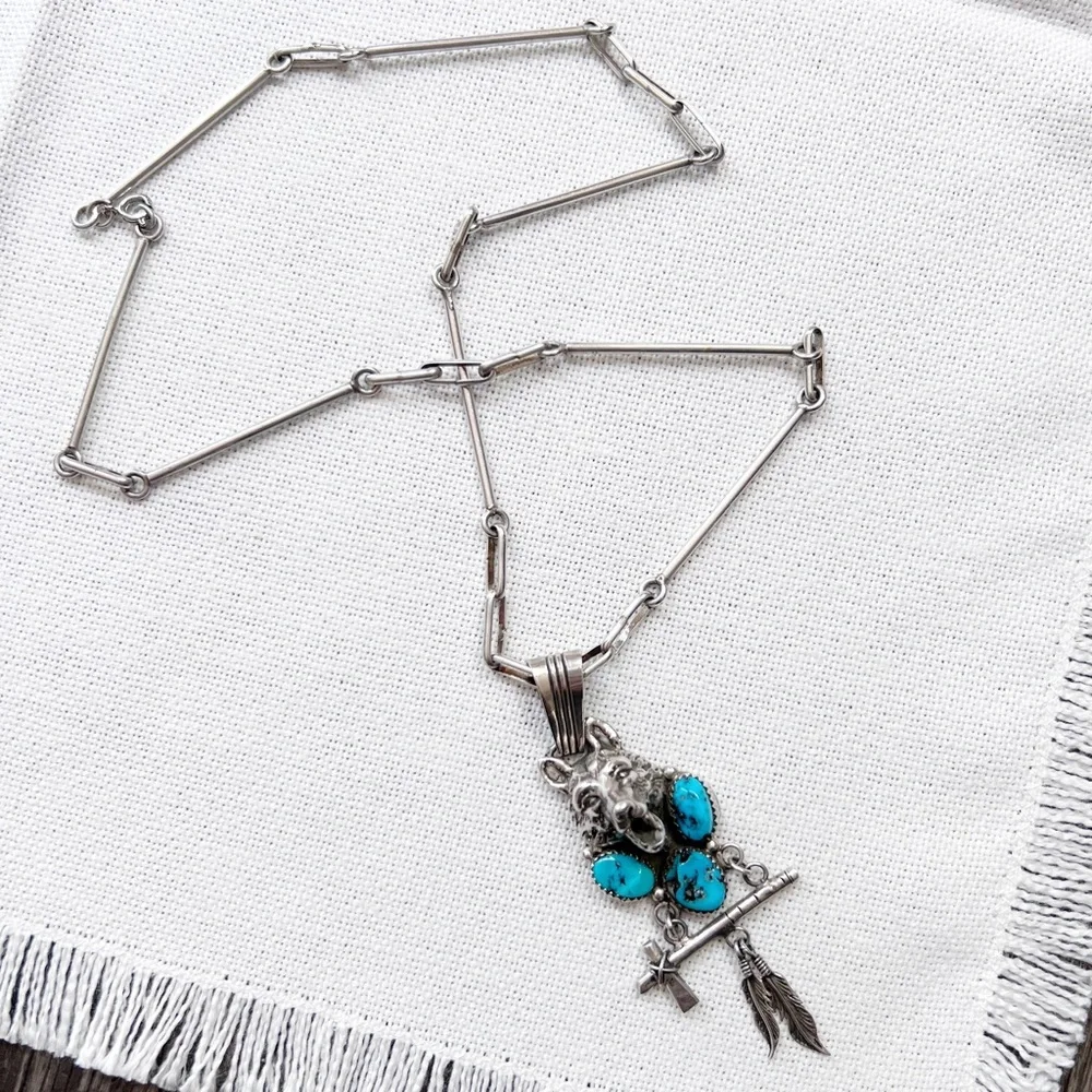 NATIVE Wolf Turquoise Sterling Silver Vintage Necklace Robert Begay Southwestern